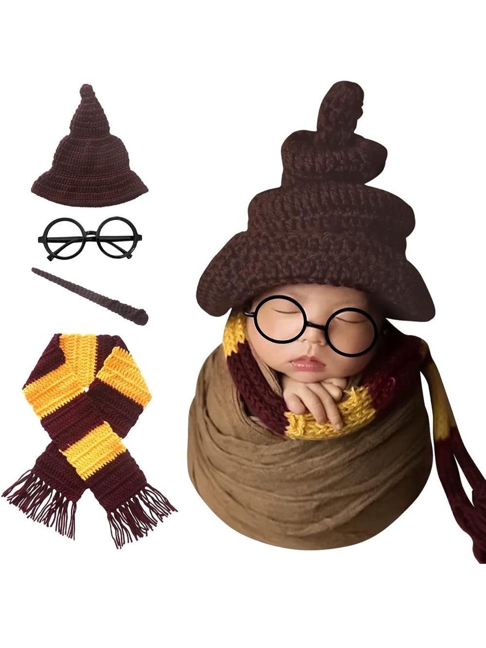 Newborn Crochet Wizard Hat & Gryffindor-Style Scarf Set - Brown, Maroon, Yellow